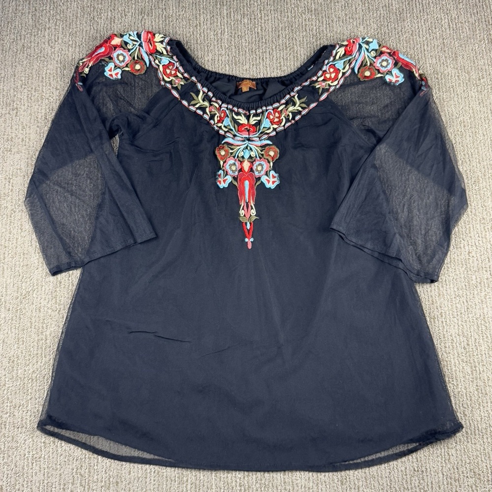 Scully Womens L Embroidered Top Sheer 3/4 Sleeve Black Floral Western Boho Lined